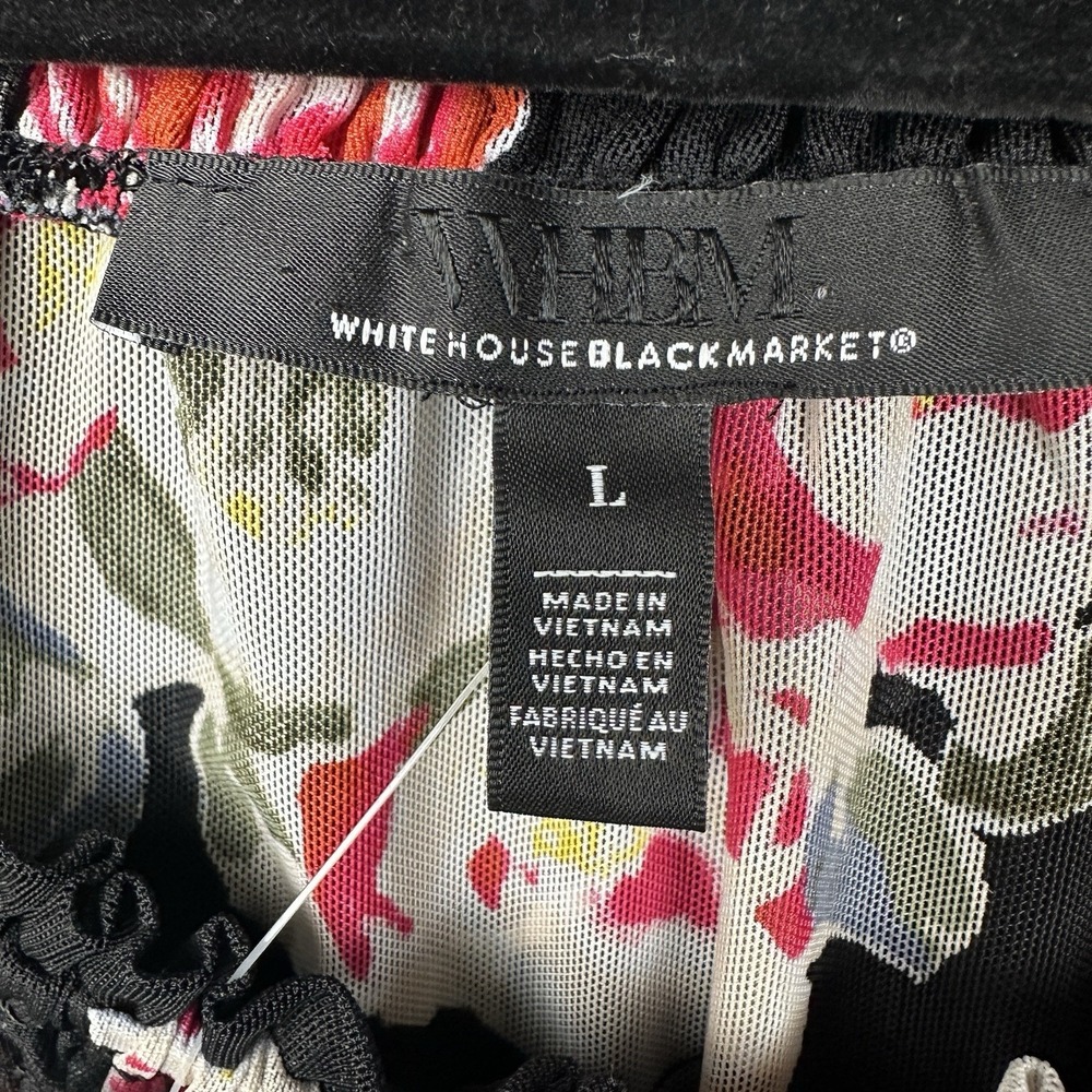 White House Black Market Blouse Women's Large Sheer Ikat Floral Black Flowy NWT - Picture 7 of 12